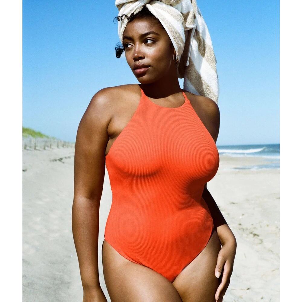 Andie Swim The Asbury Ribbed One Piece Swimsuit in Siren Orange S NWT